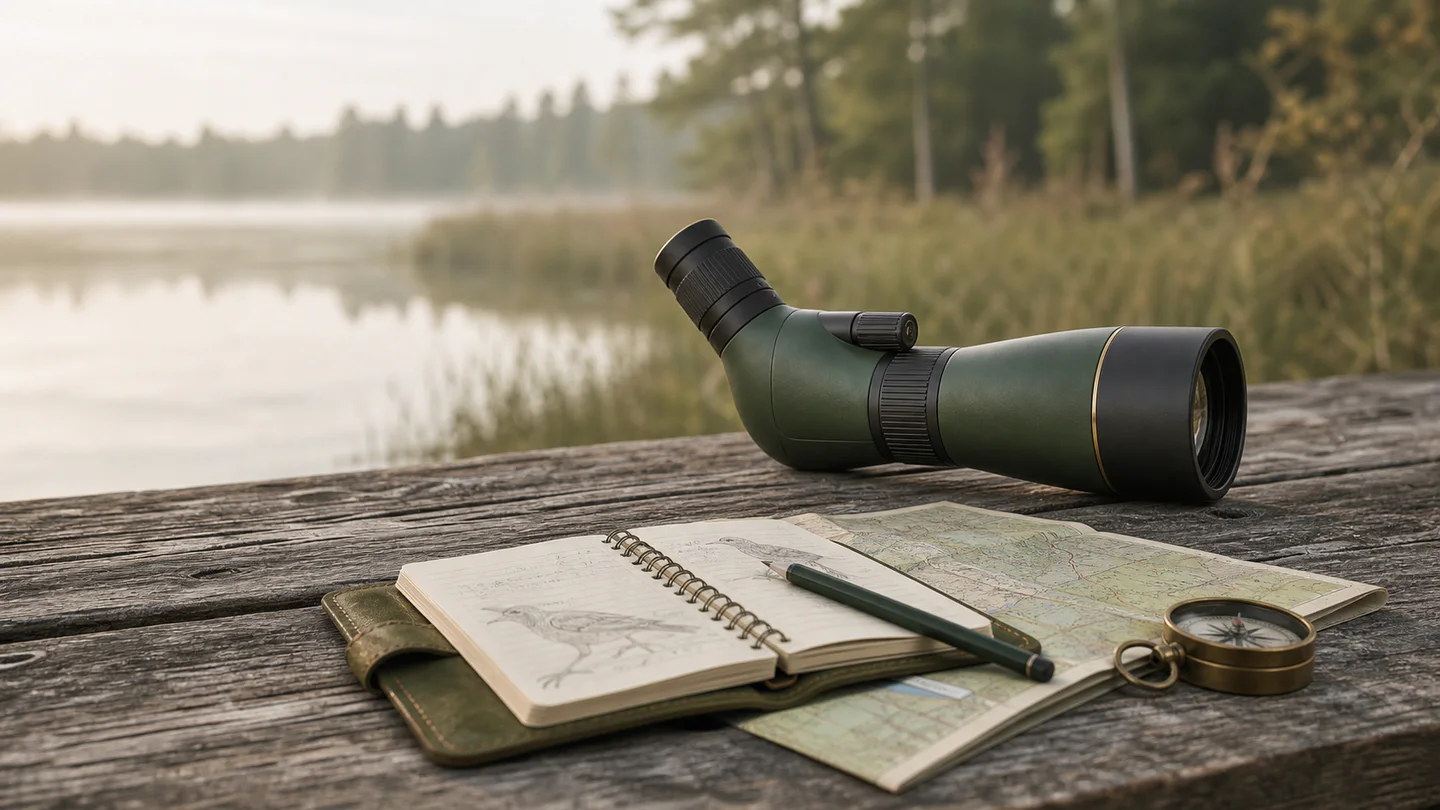Longue-vue posée avec un carnet de terrain, une carte et une boussole